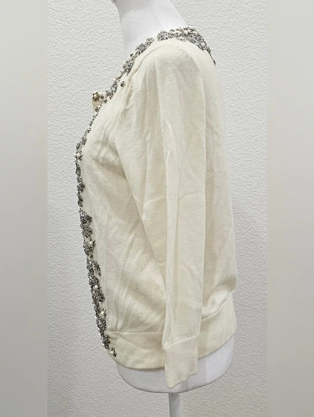 Talbots Petites SP Ivory Beaded Pearl Sequin Embellished Cardigan Lambswool